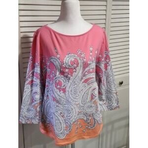 Talbots Petite Top L/P Pink Paisley 3/4 Sleeve Cotton Blend Blouse